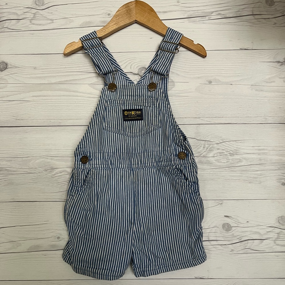 Vtg Osh Kosh B Gosh Pinstripe Railroad Blue Vestback Shorts Overalls Kids 4T USA
